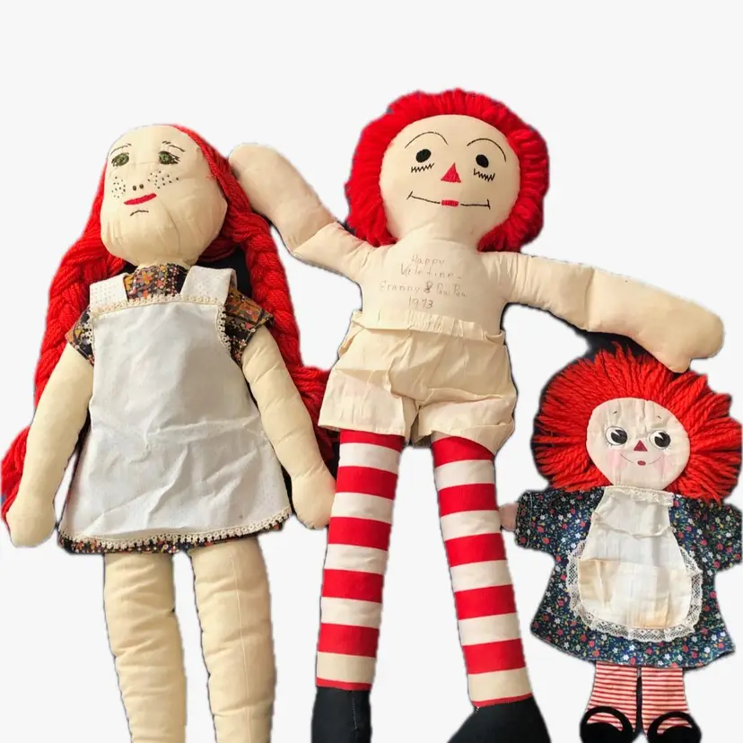 Handmade Raggedy Ann and Andy plus a Small Raggedy Ann Cosmetics Purse 1970's