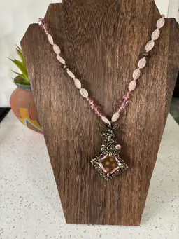Lovely Vintage Pink Plastic Beads With Brass And Gold Toned Accents / Fairy On A Pink Mirrored Pendant 28” Long
