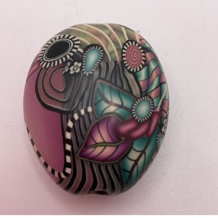 Karen Lewis Hand Painted Polymer Clay Bead Studio Art Signed KLEW 1.25”