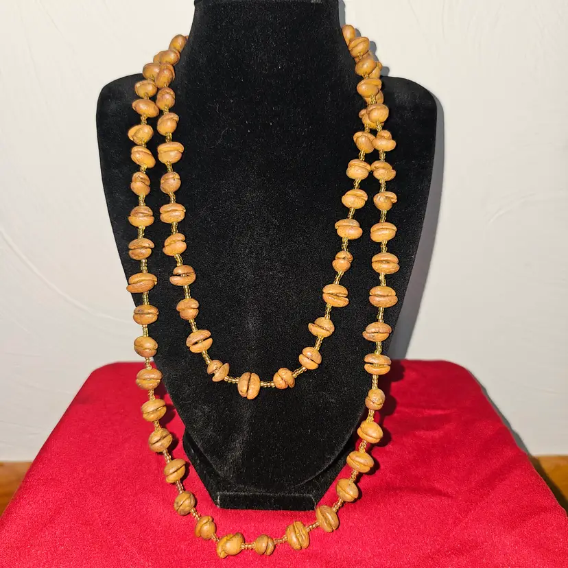 Vintage 23" single strand  Bohemian Coffee Bean Choker Necklace Earthy Neutrals Amber Accents