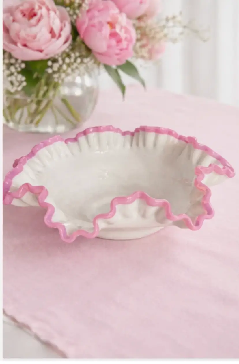 Share Vintage Fenton Apple Blossom Crest Milk Glass 10” Crimped Ruffled Bowl