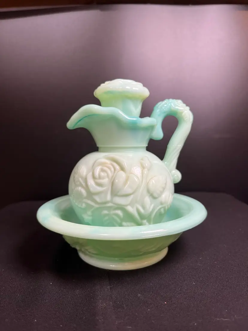 Avon Light Green Slag Glass Small Pitcher w/ Bowl w/ Rose Embossed Designs-Lot 56