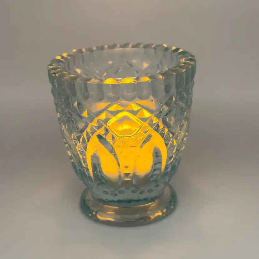 Vintage Blue Pressed Glass Votive Tealight Holder, Intricate Pattern Design, Unbranded, #1