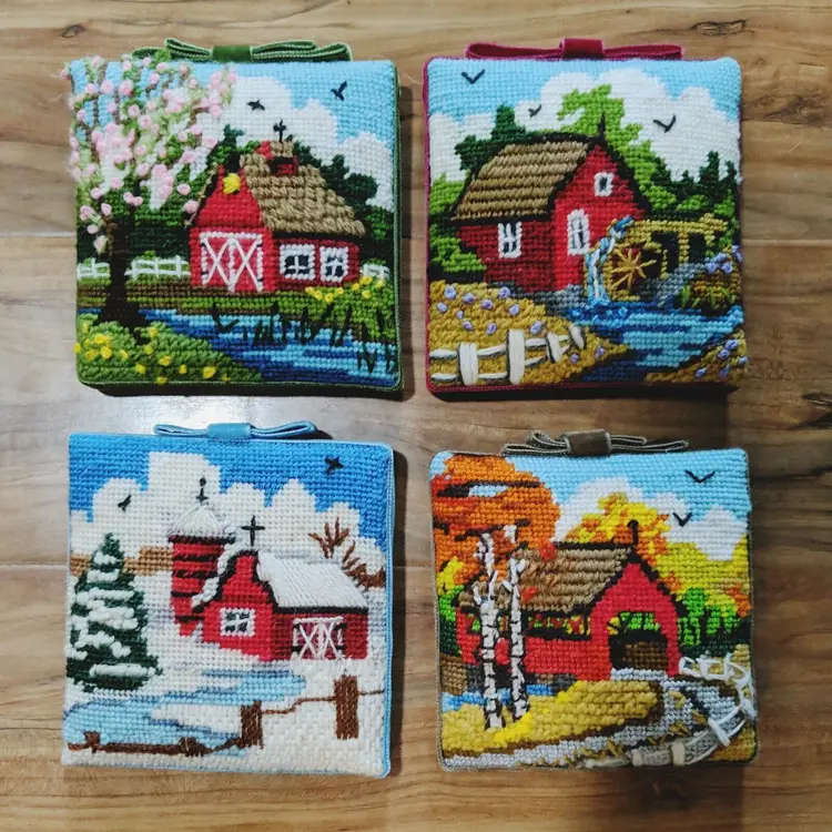 4 Vtg Needlepoint Crewel Four Seasons Spring Summer Fall Winter Completed OOAK