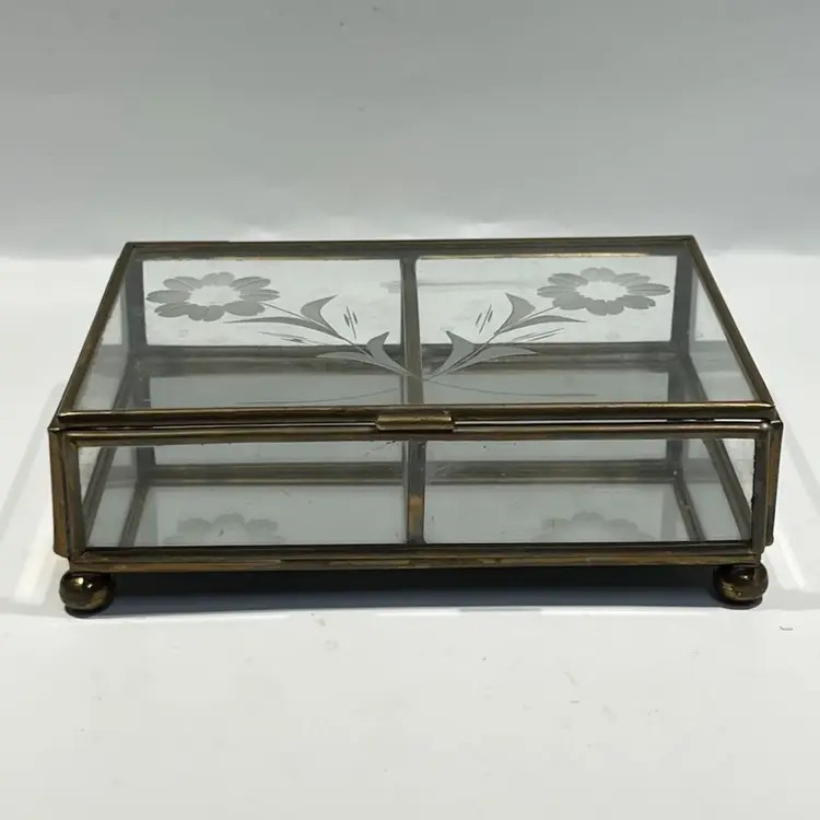 Brass- Etched Glass- Mirrored - Jewelry/ Trinket Box