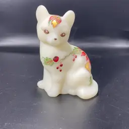 FENTON White Satin Frosted Hand Painted Poinsettia Gilded & Signed sitting Cat Figurine