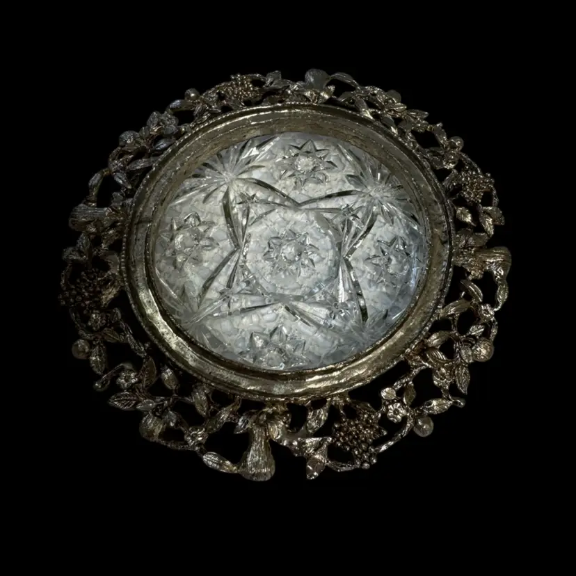 Vintage pressed glass and metal decorative Coaster, Marked Celeste
