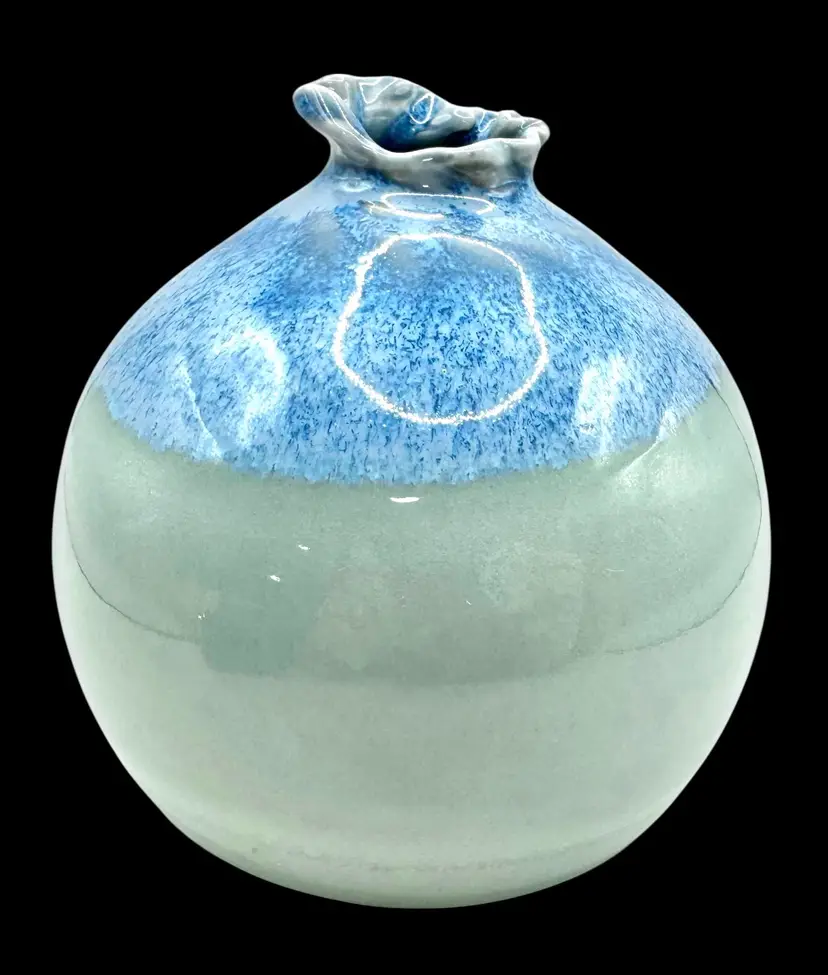 Signed Studio Art Pottery Pomegranate Shaped Vase Aqua Blue Drip Glaze Round 4”
