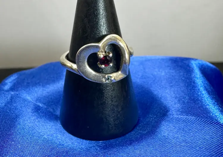 Lenox Sterling Vintage Heart Ring with Red & Aqua Blue Stones Size 7 Signed