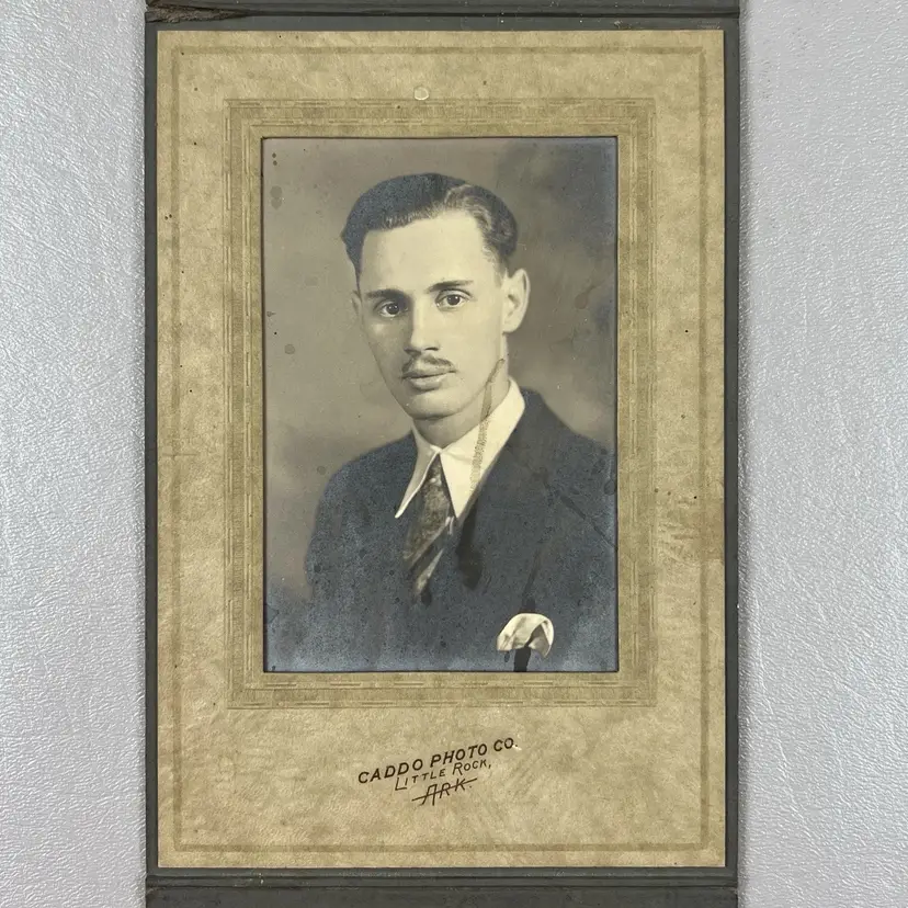 Vintage Portrait Photo Man In Suit Thin Mustache Caddo Photo Little Rock Ark.