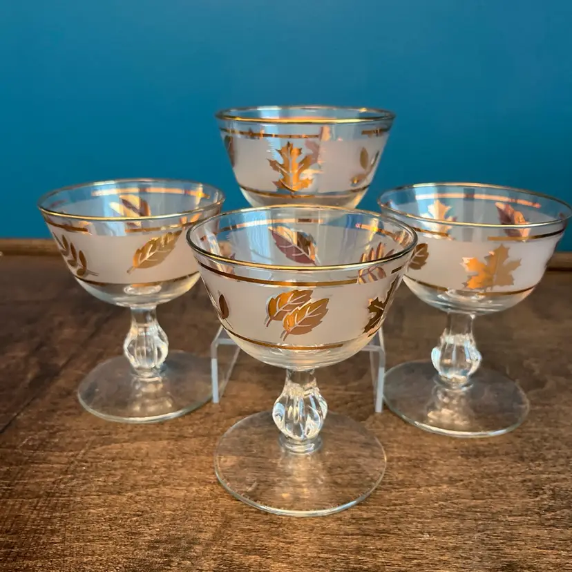 Vintage Libbey Golden Foliage Champagne Tall Sherbet Glasses Frosted - Set of 4