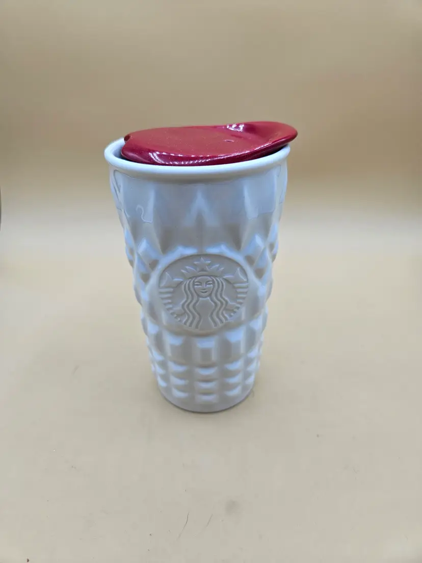 Starbucks Ceramic White Travel Mug w/Red Lid