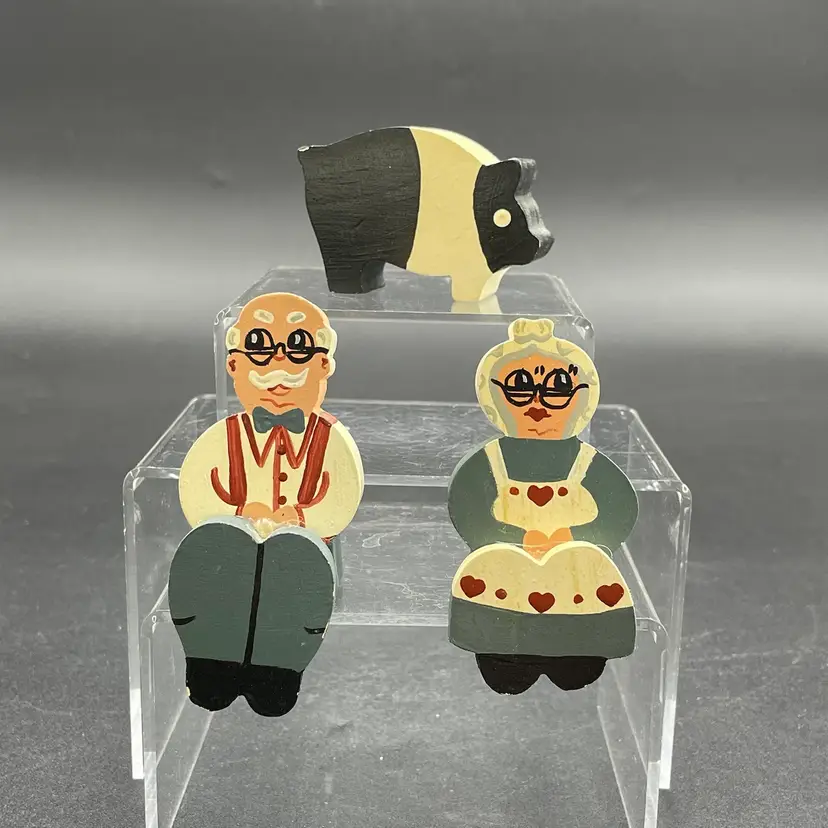 Wooden Tole Painted Man Woman Shelf Sitters Pig Farm VTG Folk Art Set of 3