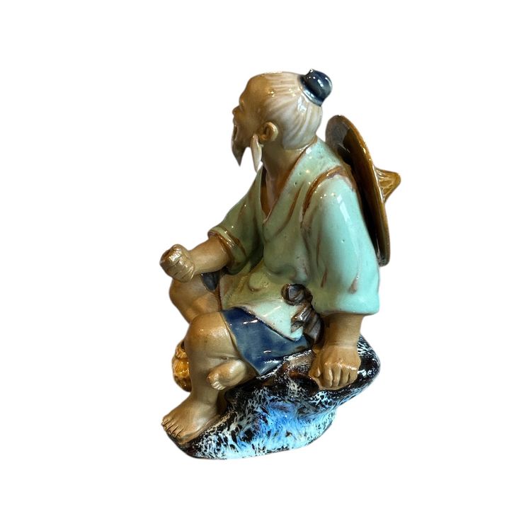 Traditional Mud-Man Fisherman Figurine with Green Blue Glaze