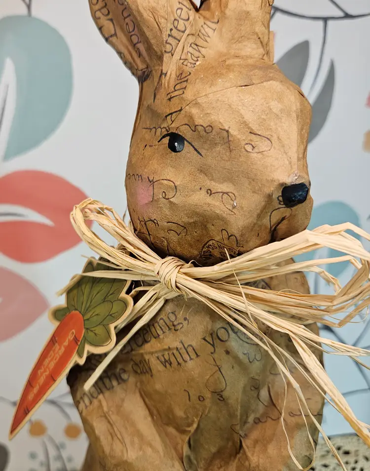 Charming Standing Easter Spring Decoupage Style Bunny Rabbit w/ Straw Bowtie 16"