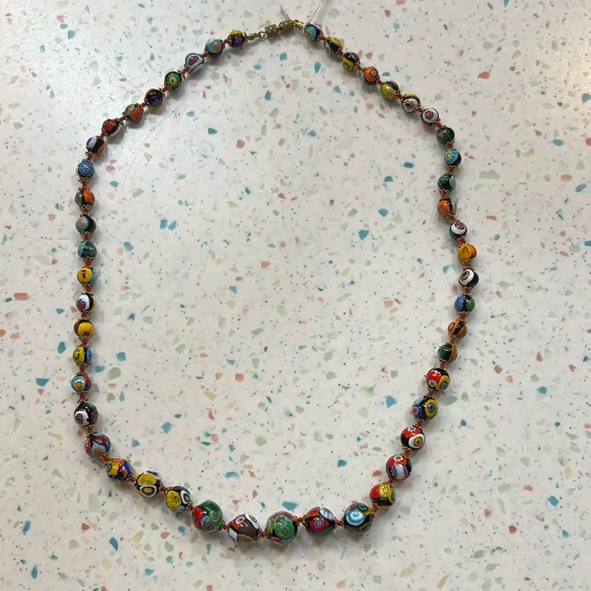 Italian Millefiori glass bead necklace, likely handcrafted in Murano. 24” Long