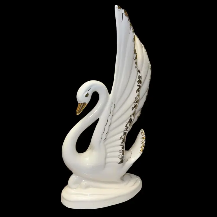 Vintage Mid Century Modern White Ceramic Swan Wings Up Gold Edge