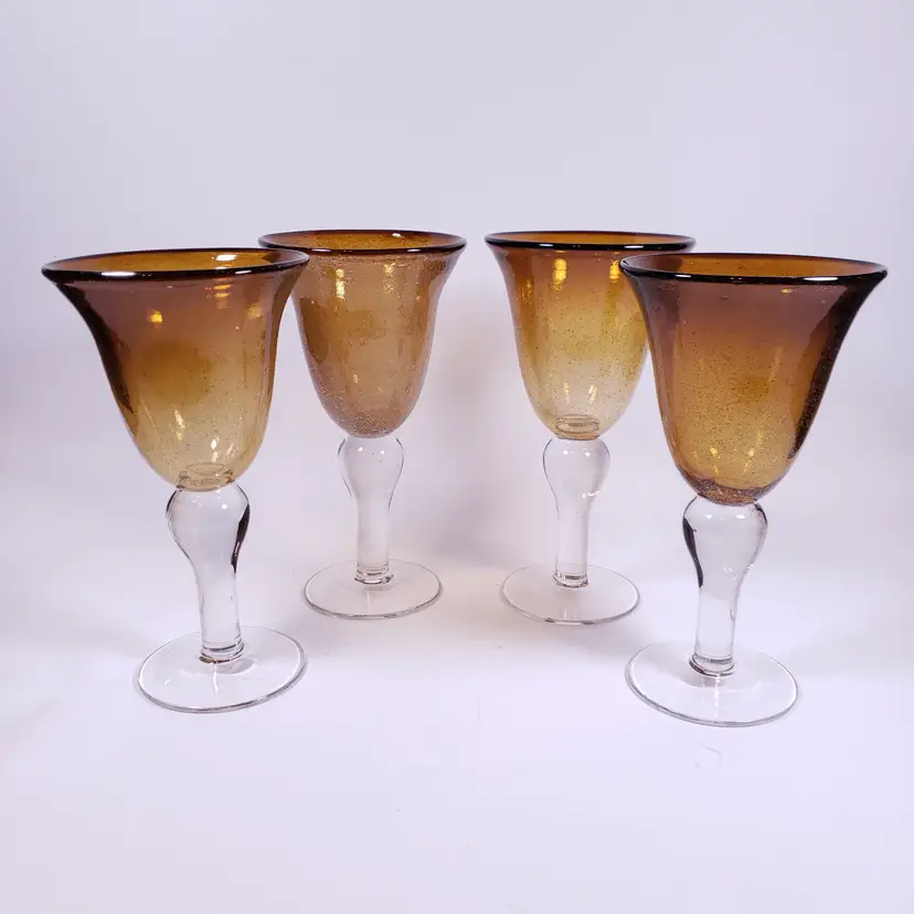 ARTLAND IRIS Amber Seed Bubbles Ball Stem Artisan Blown Glass WATER GOBLET SET