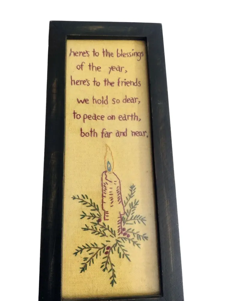 Lisa Johnson Hand Stitched Framed Linen Christmas Wall Hanging 12.25 x 5.25