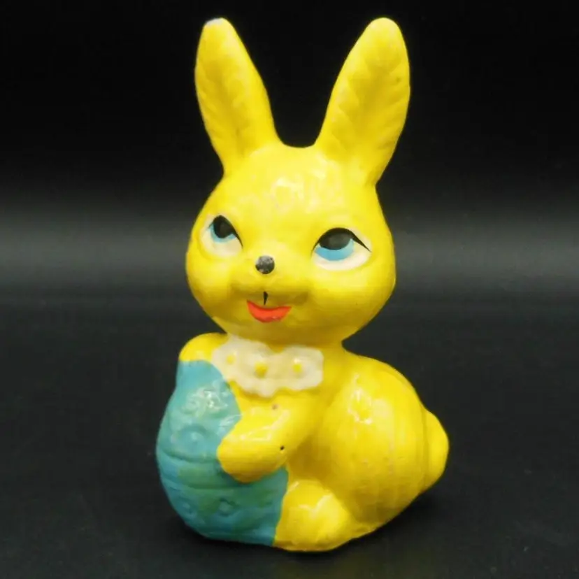 Vintage 1970s Anthropomorphic Hand-Painted Ceramic Easter Bunny With Egg Figurine, Made In Taiwan ROC