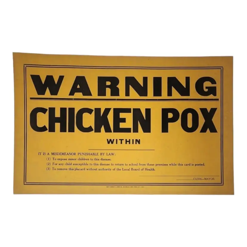 Vtg 1930s Medical Posting Sign Authentic "Warning Chicken Pox Within" 22x14