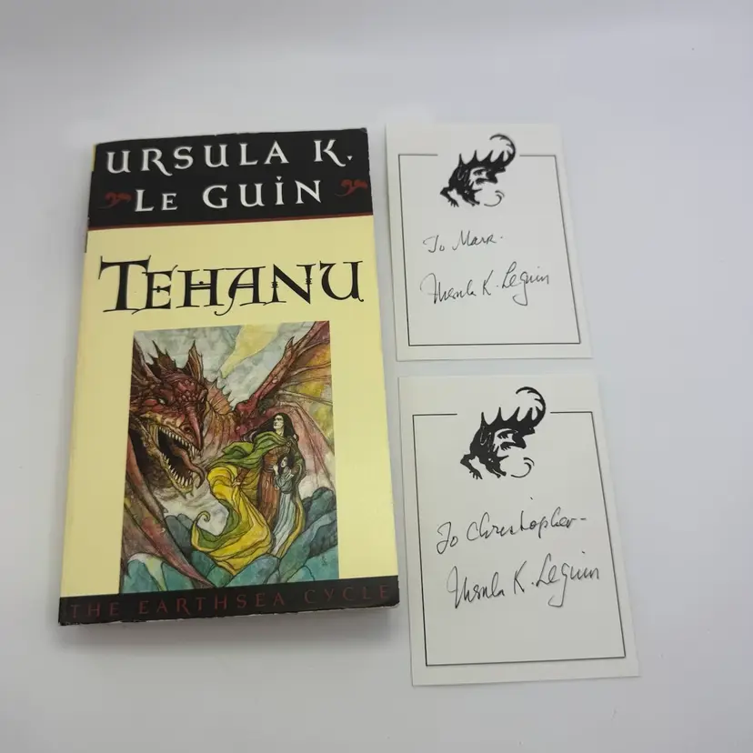 Ursula K. Le Guin Signed Bookplates (2) + Tehanu Earthsea Cycle Paperback Book