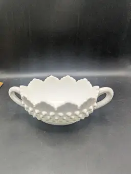 Vintage Fenton Glass Oval Nut or Candy Dish 2 Handles Hobnail White Milk Glass