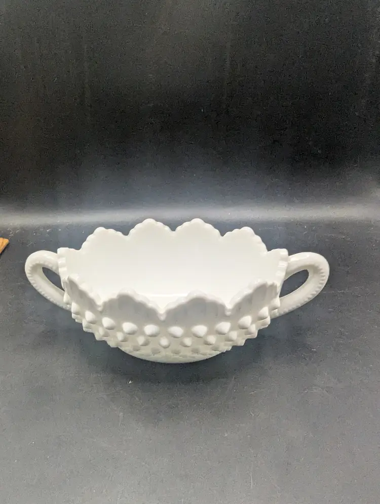 Vintage Fenton Glass Oval Nut or Candy Dish 2 Handles Hobnail White Milk Glass