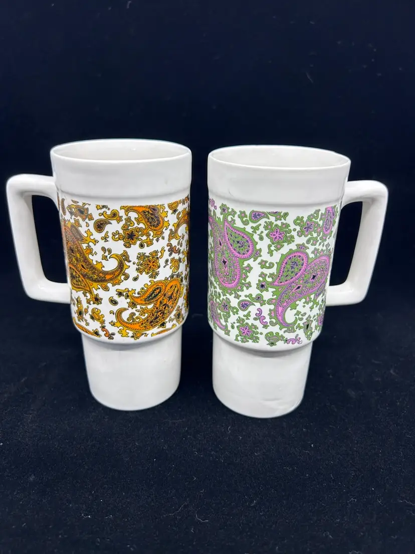 2 Vintage MCM Tall Paisley Stacking Mugs Pink & Orange