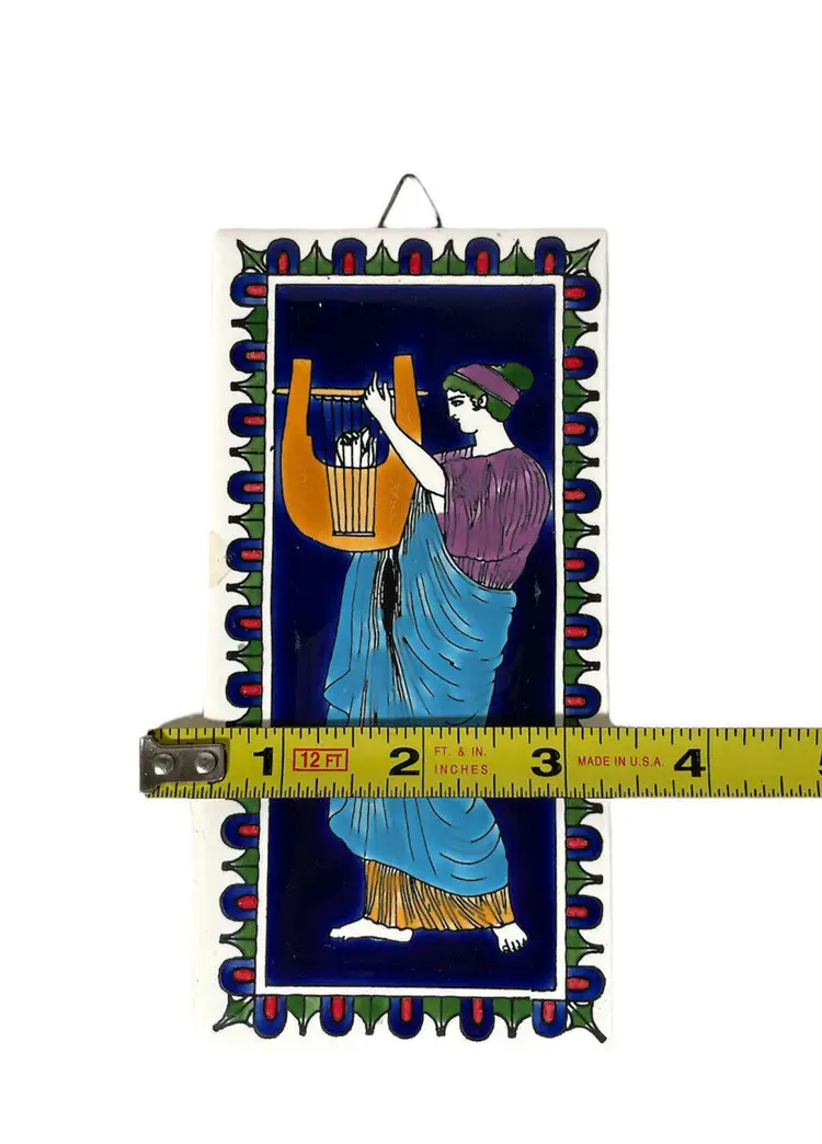 Vintage Hand Painted Greek Wall Art  Tile Of Greek Goddess Harp Original Label