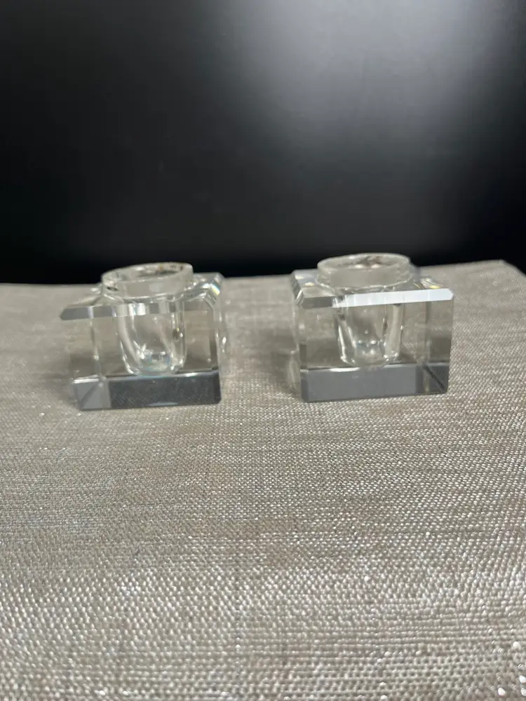 Cube Cut Edges Art Deco Design Crystal Candle Holders....OR Utilize for Risers for Orbs, Paper Weights, Marbles, Ornaments....