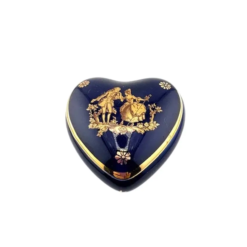 Vintage Limoges Heart Shaped Trinket Box Blue with Gold Trim - Made in France 1.25" Tall x 2" Wide
