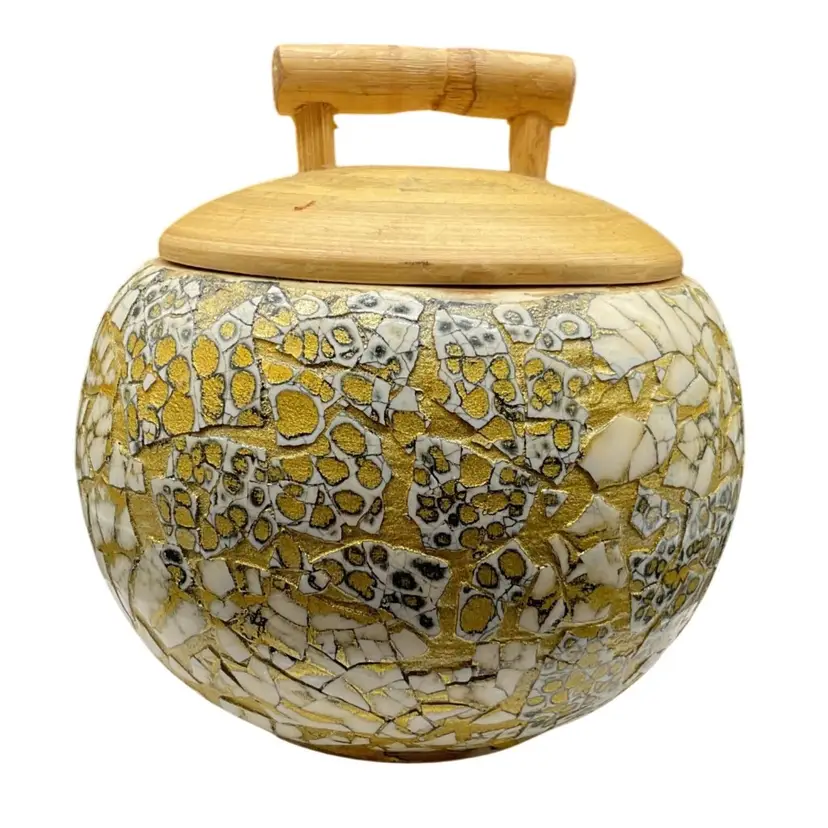 Bamboo Lidded Bowl Trinket Holder With Gold Crackle Accent By Pier 1 - 4" Diameter