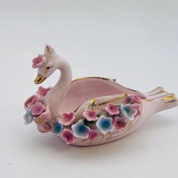 Vintage Pink Applied Flower Swan Trinket Dish Or Ashtray 2.5”x 4” FF