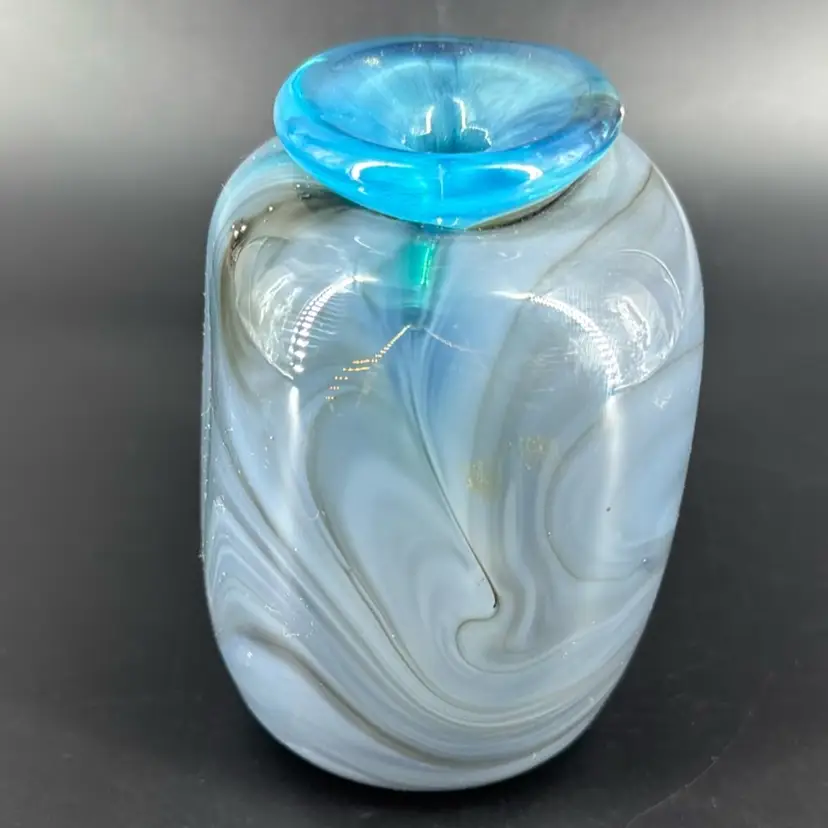 Beautiful Grey/Blue Art Glass Signed Vase