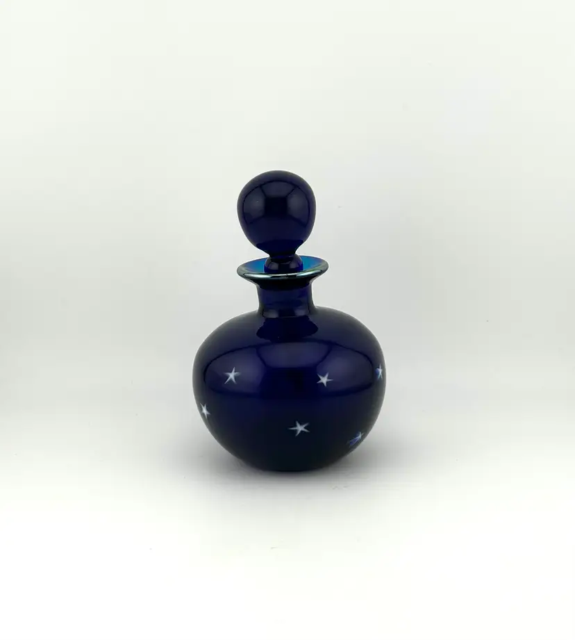 Signed Cobalt Blue Blown Glass Starry Perfume Bottle 3”x 5”
