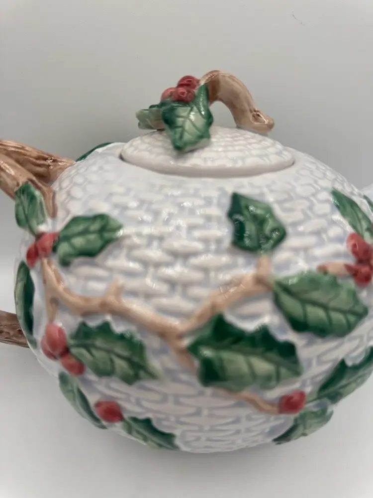 Fitz & Floyd Old World Christmas Holly Basket Weave Teapot - Vintage