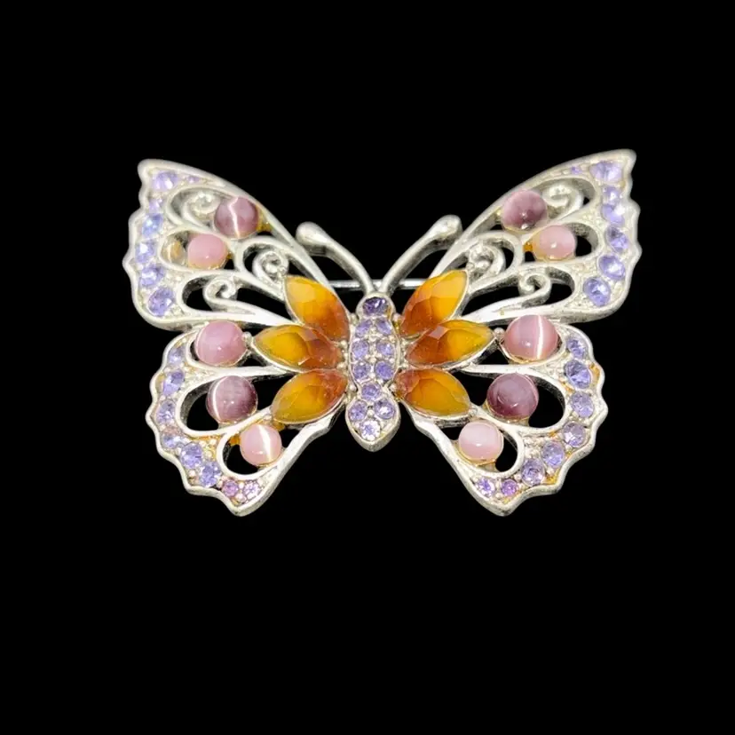 Luz Clayborn Butterfly Silver tone And Gemstone Pendant Signed