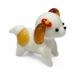 Mini Handblown Art Glass White Dog With Red Barrette Figurine