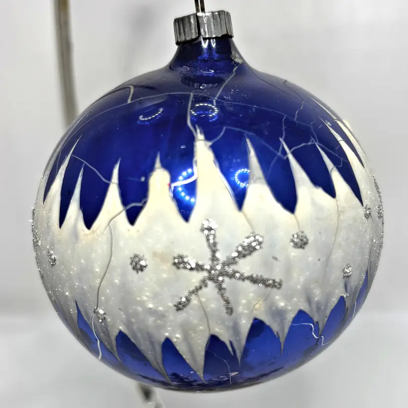 Vintage German Glass Christmas Ornament Cobalt Blue Glitter Snowflakes