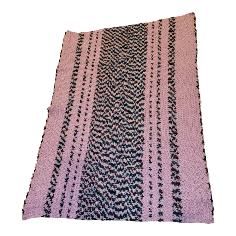 Vintage Handmade Crochet Pink And MultiColor Stiped Afghan Blanket 38x53
