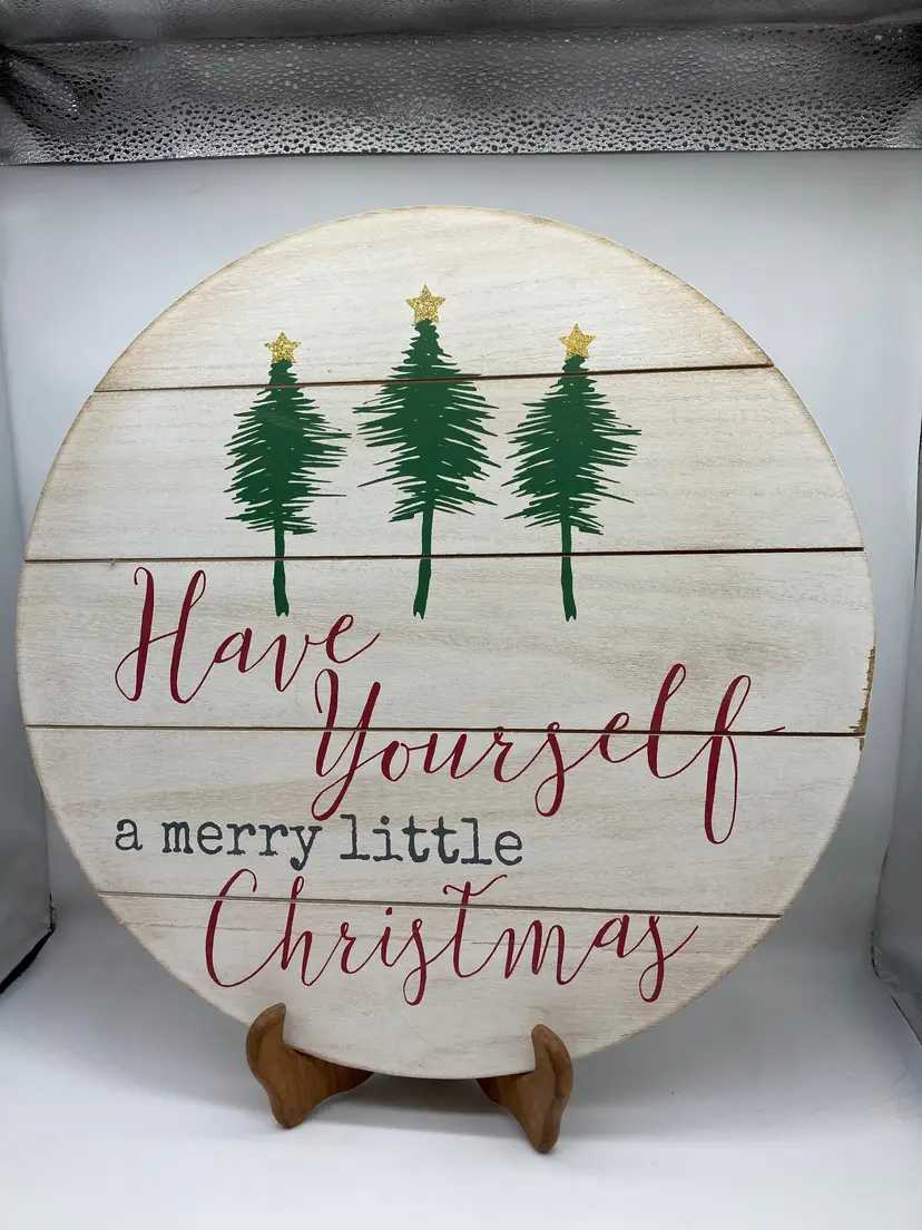 Round Wooden Sign Have Yourself A Merrry Little Christmas Wall Art Wood Signs Hanging Christmas Gift