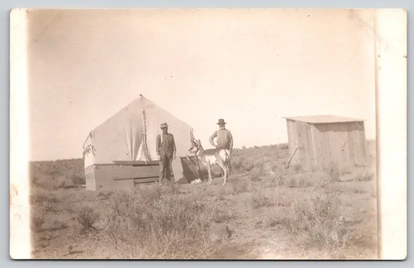 Postcard RPPC Men with Antelope Large Tent and Shed Real Photo - 8954