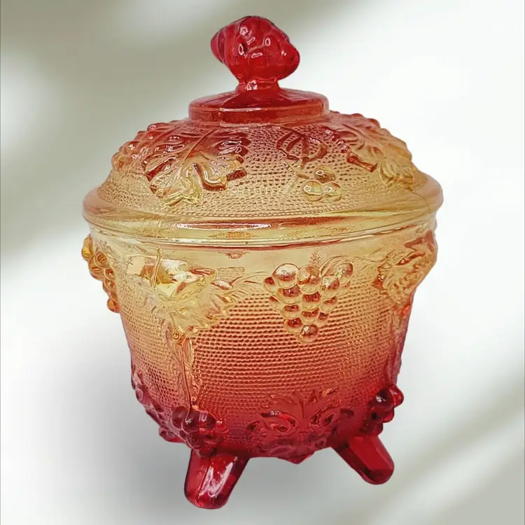 VTG Jeannette Harvest Grapes Amber Red Carnival Glass Footed Covered Candy Dish