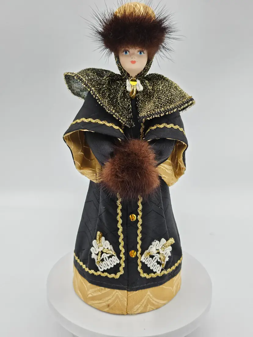 Russian Doll Handmade Traditional Fashion Winter Dress Black Gold 9.5" Tall