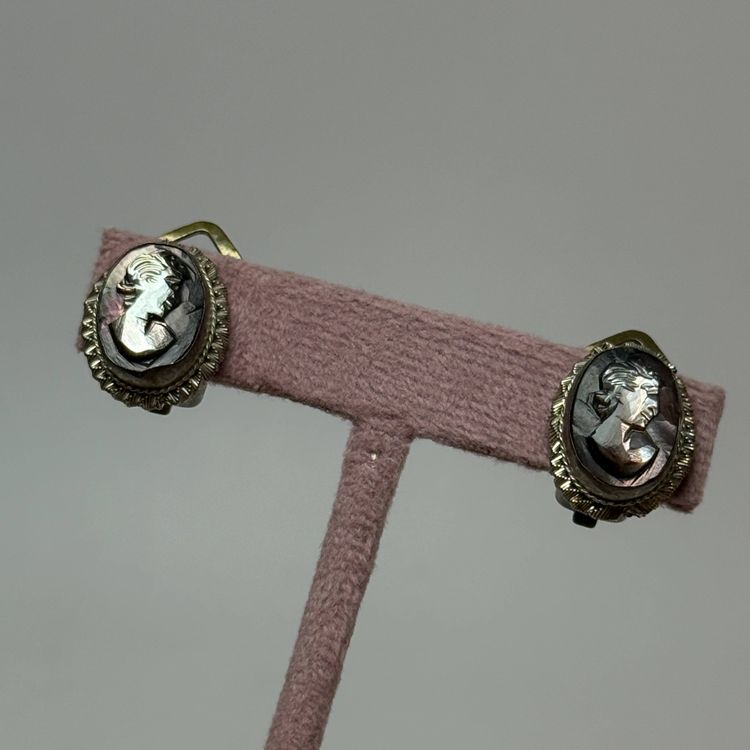 Vintage Carved Abalone Shell Cameo Clip Earrings Silver Tone