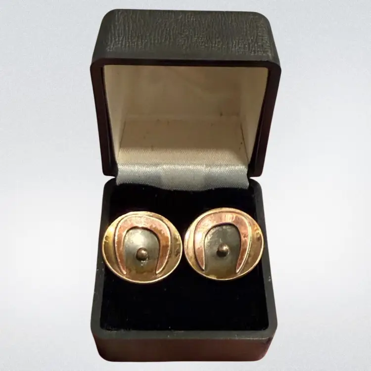 Vintage Modernist Hogan Bolas Brass & Copper Screw Back Earrings, 1”