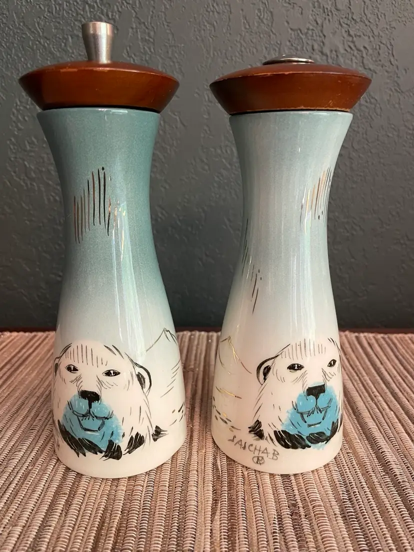 #01 - Sascha Brastoff Alaska Series Signed Salt & Pepper Grinder Polar Bear Design