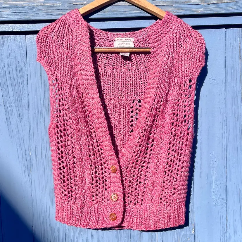 Vintage Jennifer Applegate Medium Hand Made Sweater Knit Vest 3 Button Pink