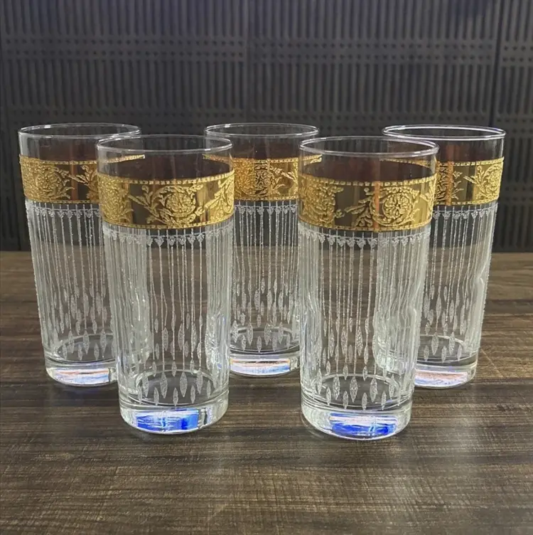 Culver Art Glass Tyrol Highball Set of 5 22KT Gold Vintage MCM Glasses